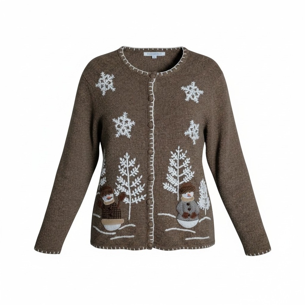 Mercer Street Studio Brown Snowman Snowflake Wool Blend Cardigan Womens L